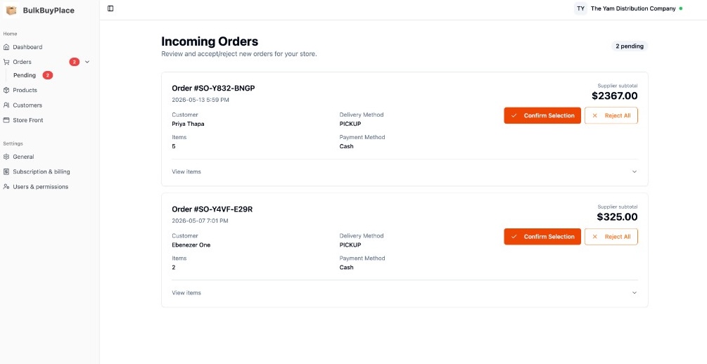 The seller admin Incoming Orders page, showing pending order cards with the customer, delivery and payment method, subtotal, and confirm or reject buttons.