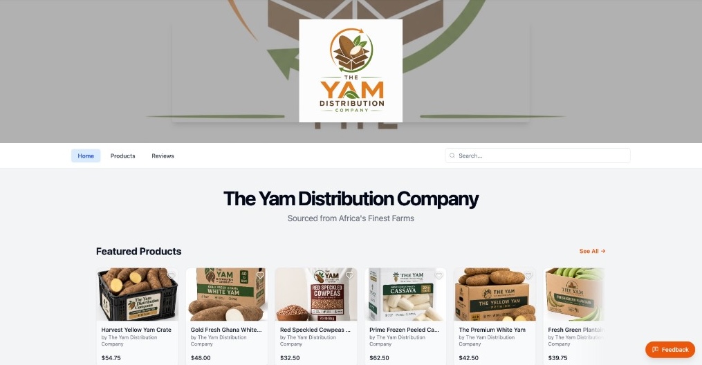 A seller's storefront page with a logo banner, store name and tagline, and a grid of featured products with prices.